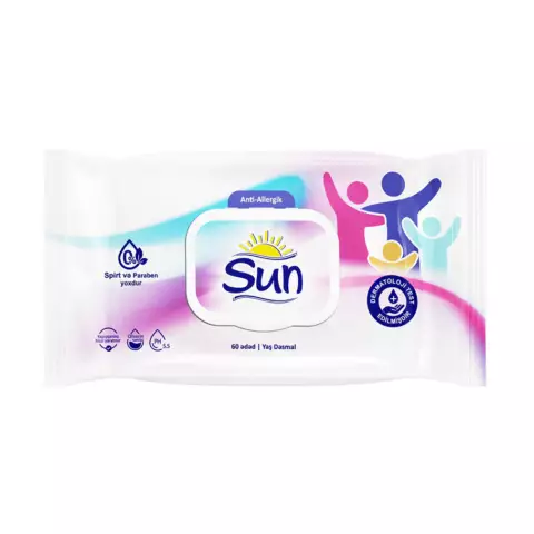 An image of a product called Nəm salfet Sun Anti-Allergik 60 ədədli