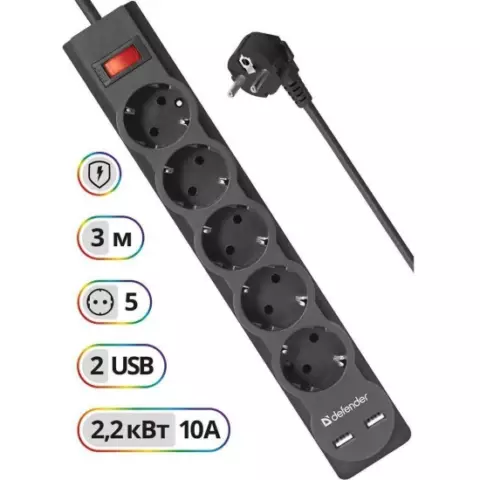 Elektrik uzadıcı Defender DFS 755 5.0m, 2*USB, 2.1A, 5 outlets